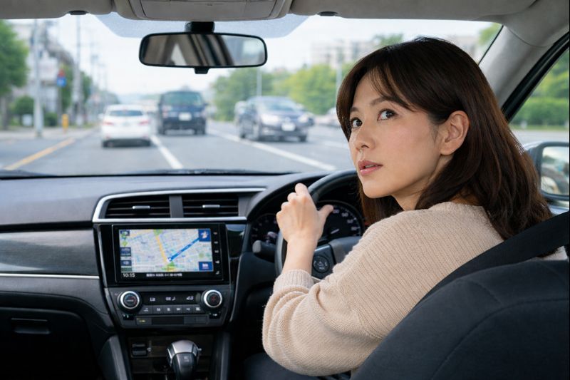 車線変更が不安でミラーと目視の確認に意識が向き、タイミングがつかめず緊張している様子