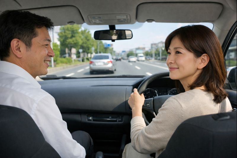 落ち着いた表情で車線変更後に安定して車線をキープできており、安心して走行できている様子
