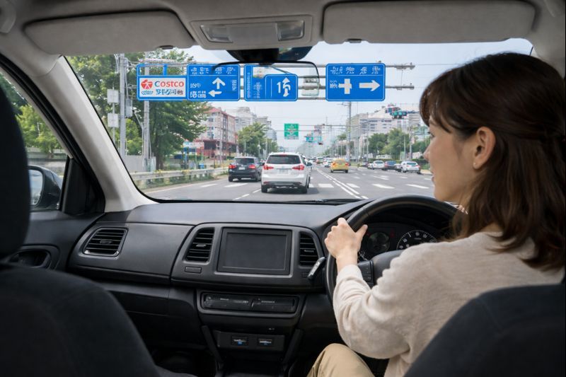 案内標識や分岐が多い道路手前で迷いが出やすい状況をイメージし事前準備の重要性を伝える