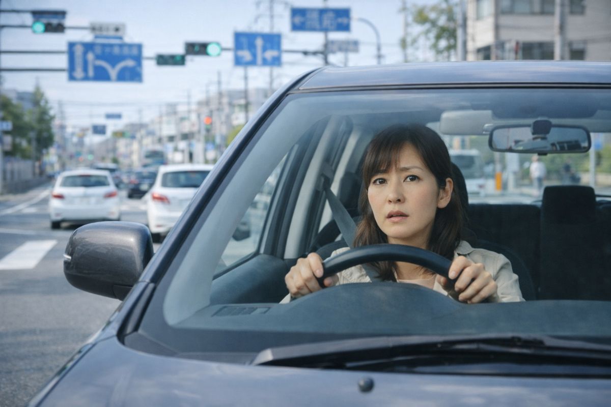 幹線道路で車線選択や右左折のタイミングに迷い、視線が落ち着かず緊張している状況を整理するイメージ