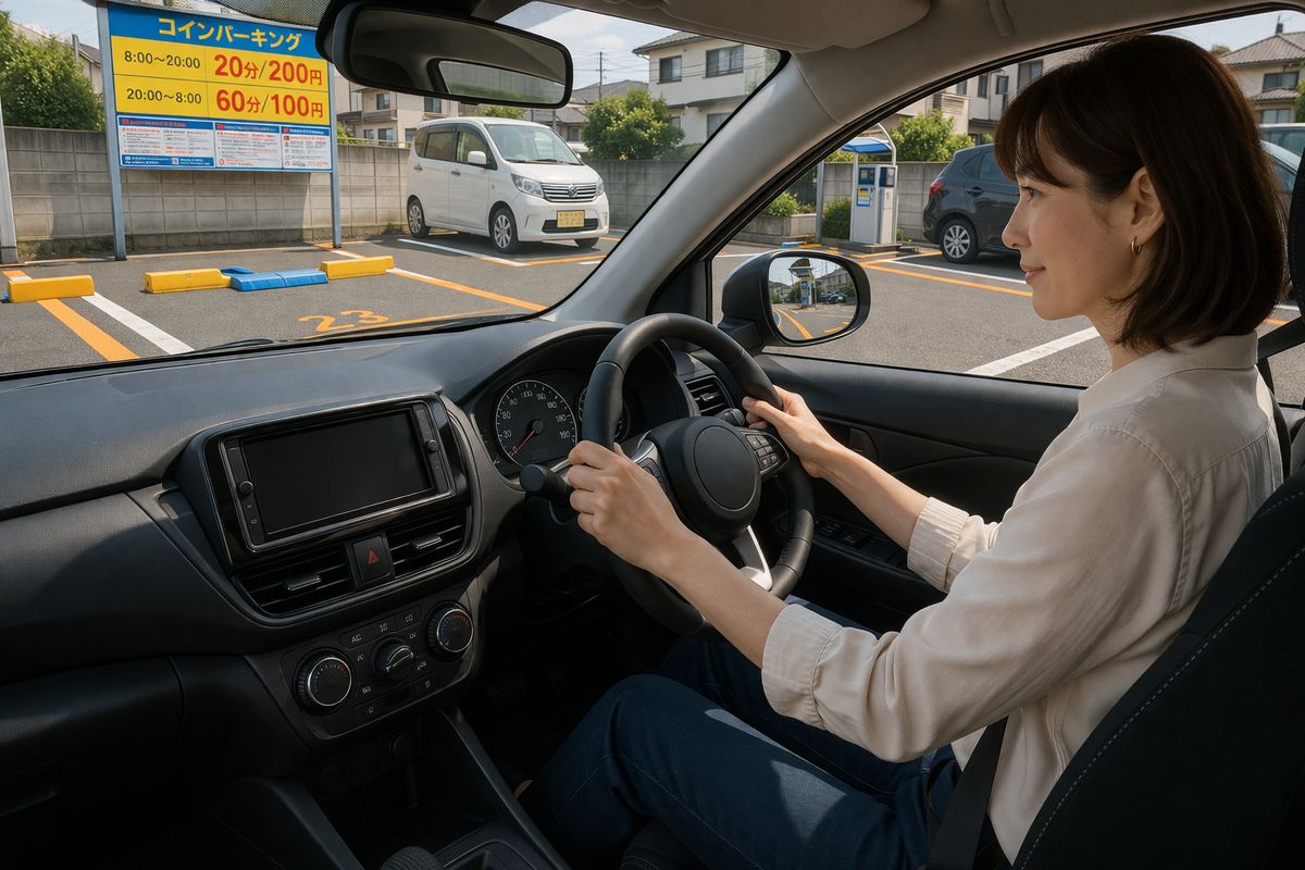 コインパーキングの枠内へ落ち着いて車を収め、安心して操作している様子